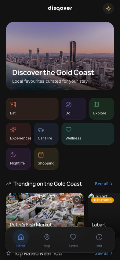 Actual Disqover home screen with Gold Coast discovery categories and local recommendations